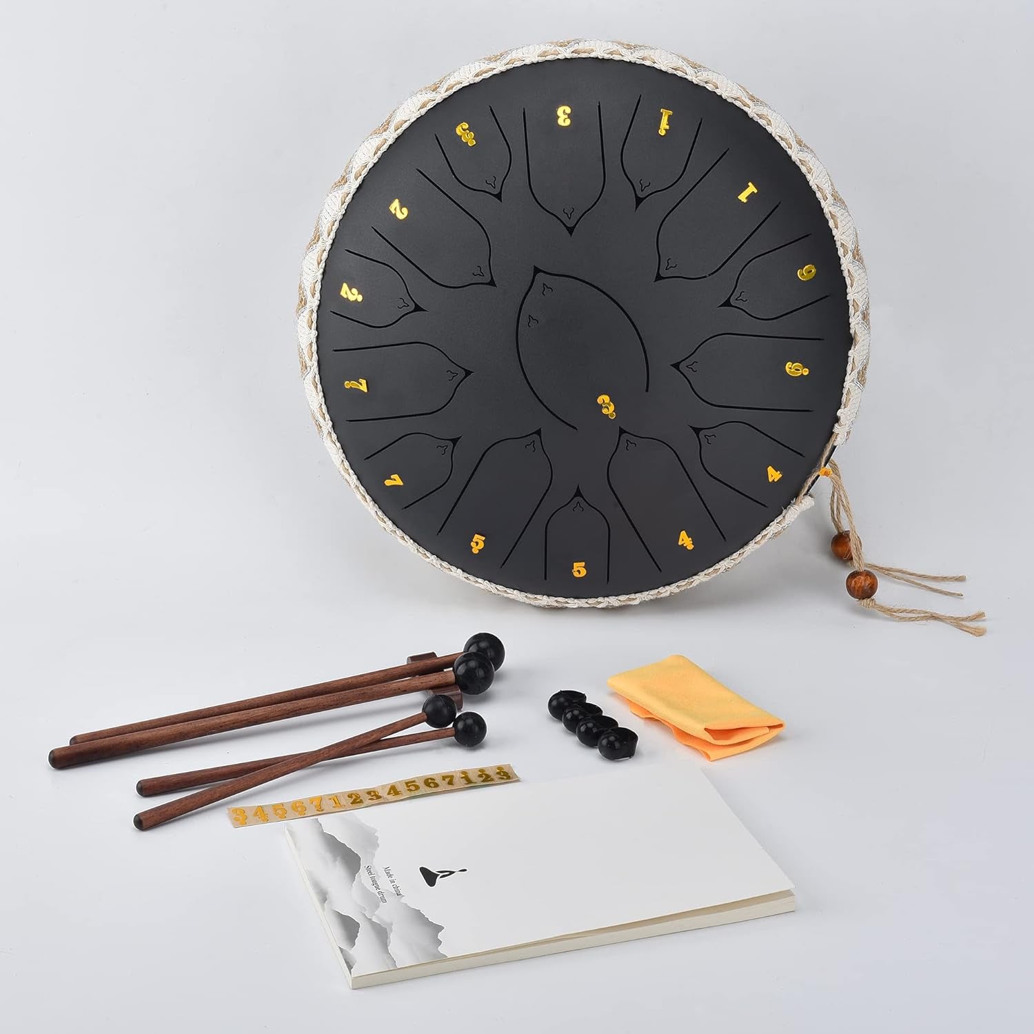 Steel Tongue Drum, 13 Inch 15Note Steel Hand Drum with Bag, Music Book, Drumsticks, Mallet Holder and Finger Paddles, for Camping, Meditation or Yoga (Black-13Inch)